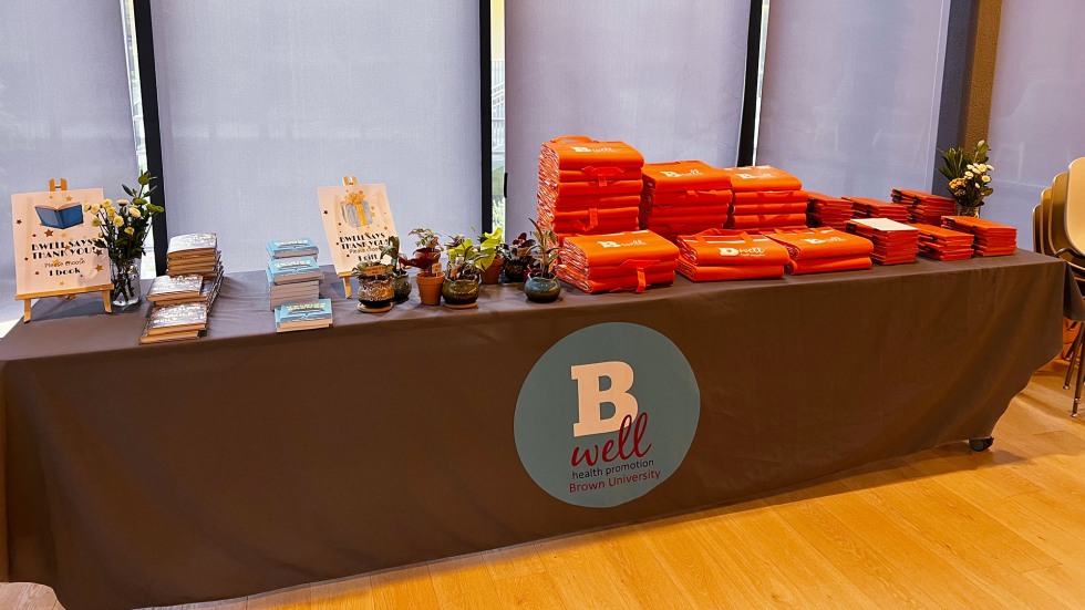 Merchandise on a display table.